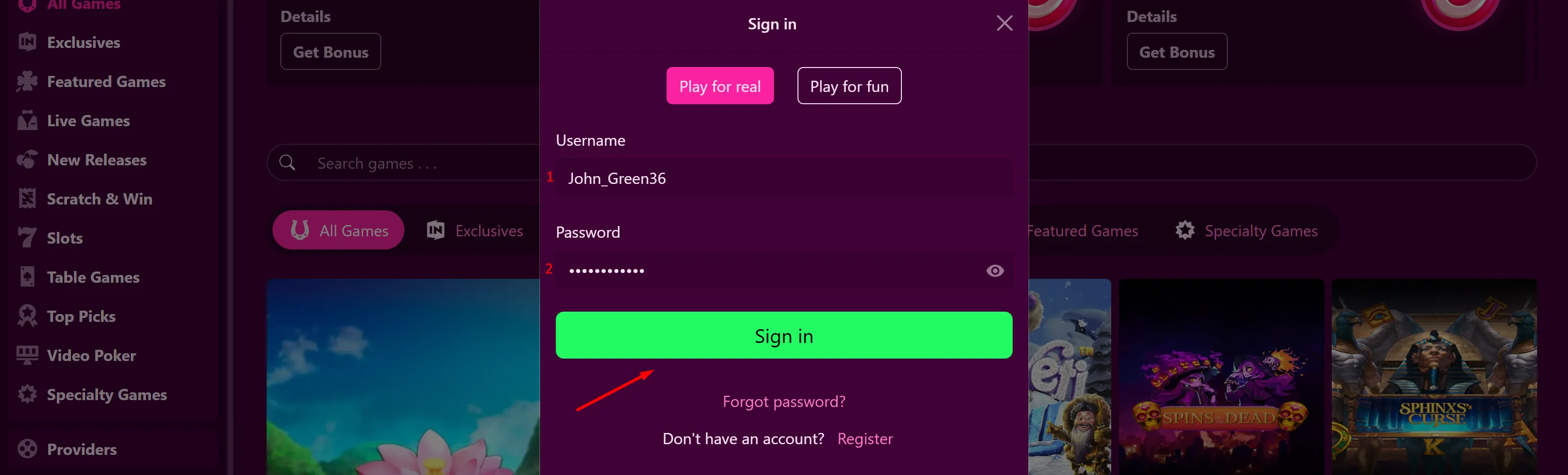 Candyland Casino Login Step 2